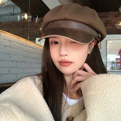 皮檐做旧贝雷帽2025秋冬季美拉德画家新款复古八角帽报童帽显脸小
