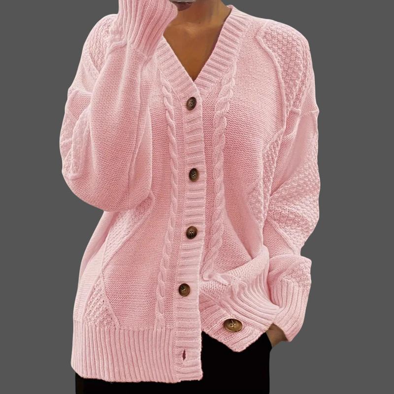 Foreign Trade Cross-Border Women's Clothing Autumn and Winter New Pure Color Long-Sleeved V Neck Knitted Cardigan Buttoned Twist Sweater Jacket for Women