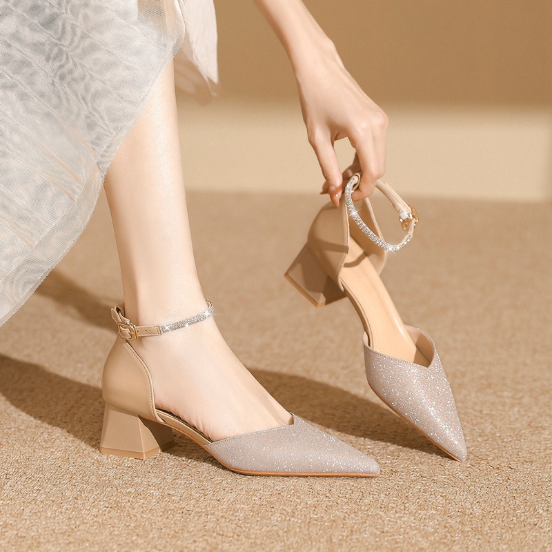 Sandal cao gót nữ mũi nhọn đính đá hở mũi kiểu Pháp — IE91 Hạnh