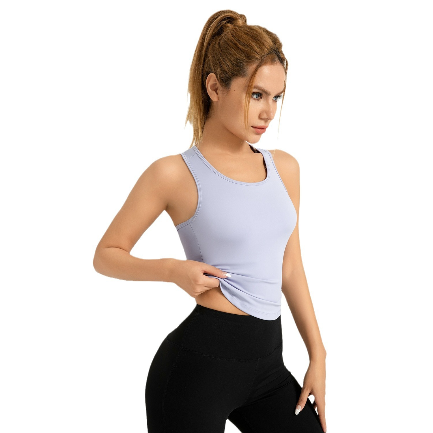 Zona especial transfronteriza chaleco de yoga de melocotón integral de cuello redondo fijo ajustado anti-caminar desnudo no correr chaleco deportivo