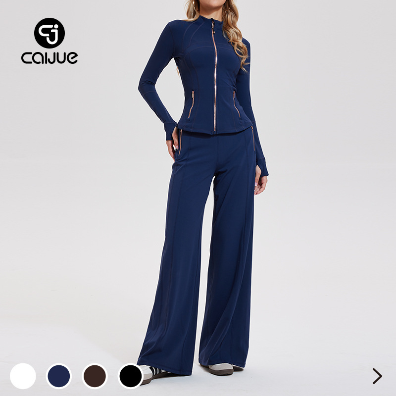 Caijue Sports Suit for Women, Spring and Autumn Two-Piece Set with Stand Collar, Zipper, Long Sleeves, High-Waisted Wide-Leg Pants, Slimming Casual Outerwear for Women