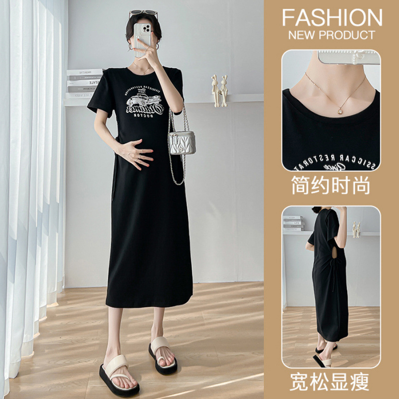 Real shot fashion pregnant women 2025 slim summer new round neck Korean T-shirt drawstring design long dress
