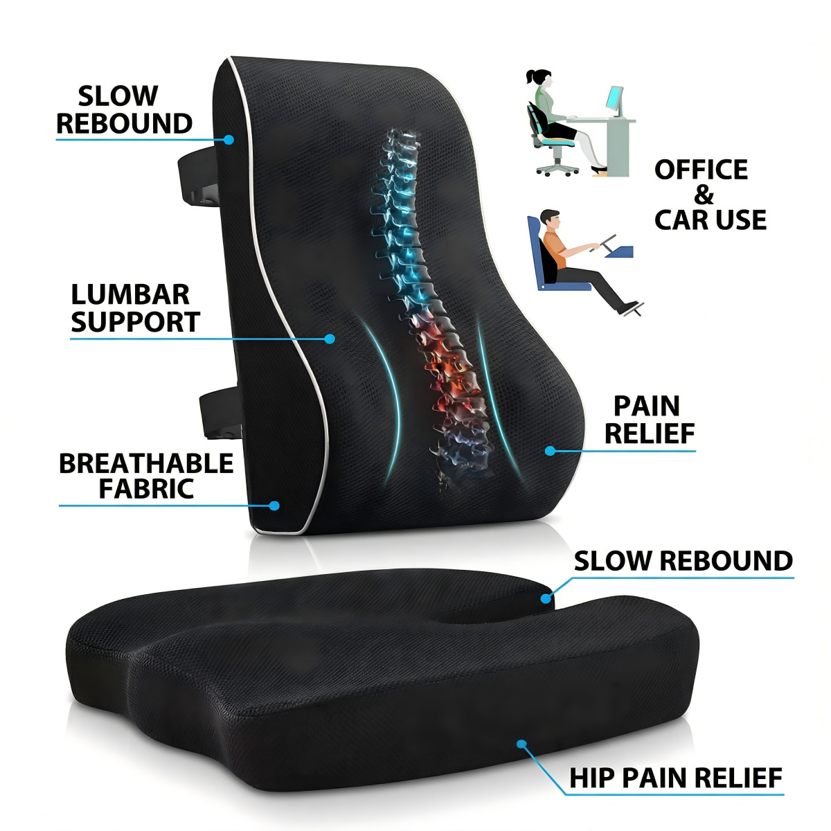 Amazon's best-selling cross-border product: memory foam car lumbar support pillow, ergonomic backrest, office chair cushion, breathable