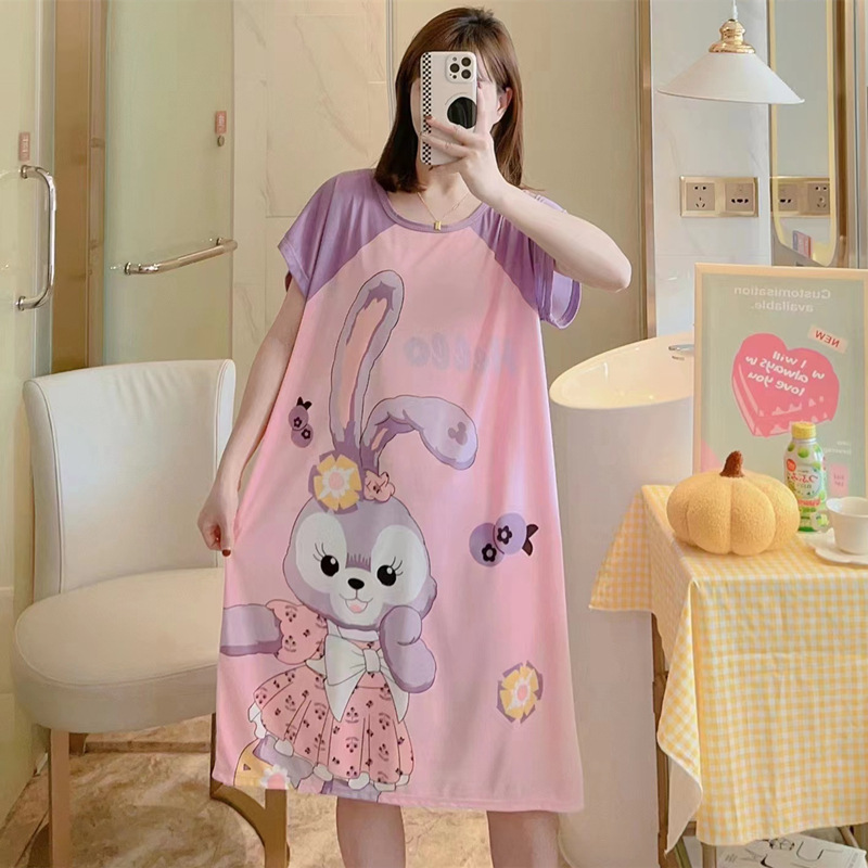 Camisón de las mujeres del verano Delgado manga corta nueva línea rojo estilo pijamas dibujos animados lindo señoras vestido flojo desgaste hogar