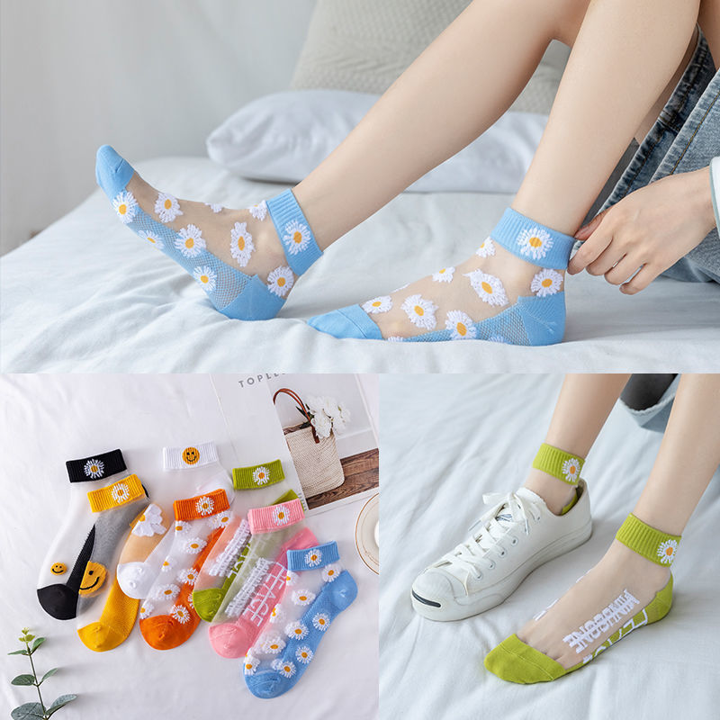 Women's Korean-Style Crystal Socks Wholesale from Zhuji, Summer Thin Short Socks, Small Daisy Glass Silk Crystal Versatile Invisible Socks