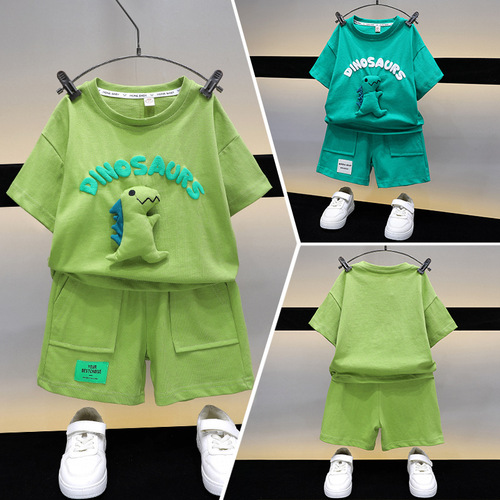 Summer Thin Set Children's Clothing for Young Boys - 3D Dinosaur T-Shirt and 5/8 Pants Two-Piece Set