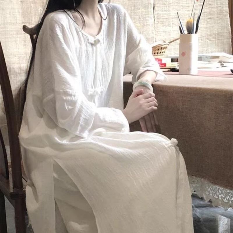 New Chinese-style Zen Pajamas Women's Spring and Autumn Long-sleeved Cardigan Nightgown Bathrobe Wide-leg Pants Buckle Home Clothes Set