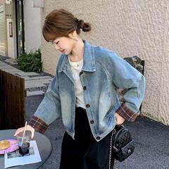 格子拼接翻领牛仔外套女春秋2025新款今年流行超火小个子短款上衣
