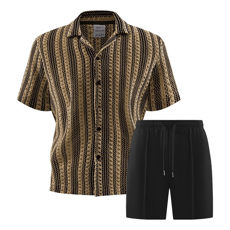 2026 Summer Cross-Border Amazon 3D Striped Casual Short-Sleeve Set for Men, Trendy Two-Piece Set, Fashionable and Versatile