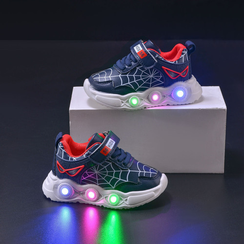 Spring and Autumn Lighting Children's Leather Spider Web LED Light-up Sports Shoes for Young Boys, Casual Sports Shoes