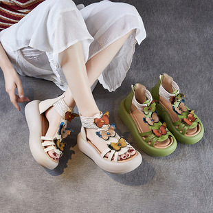Summer Flower Sandals Women's Retro New Chinese Color Spliced Thick Bottom Open Toe Beach Shoes Tide Cowhide Sandals