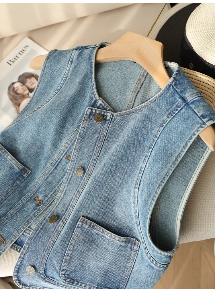 Áo vest denim nữ ngắn tay rộng rãi phong cách thời trang xuân hè — Xanh denim chi tiết 10
