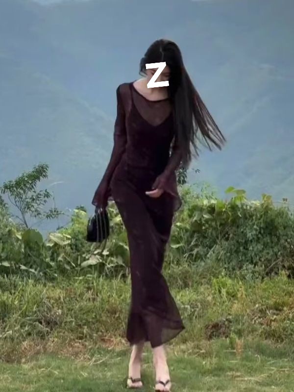 御姐风高级感气质吊带连衣裙女秋季外搭网纱修身长袖罩衫两件套装|undefined