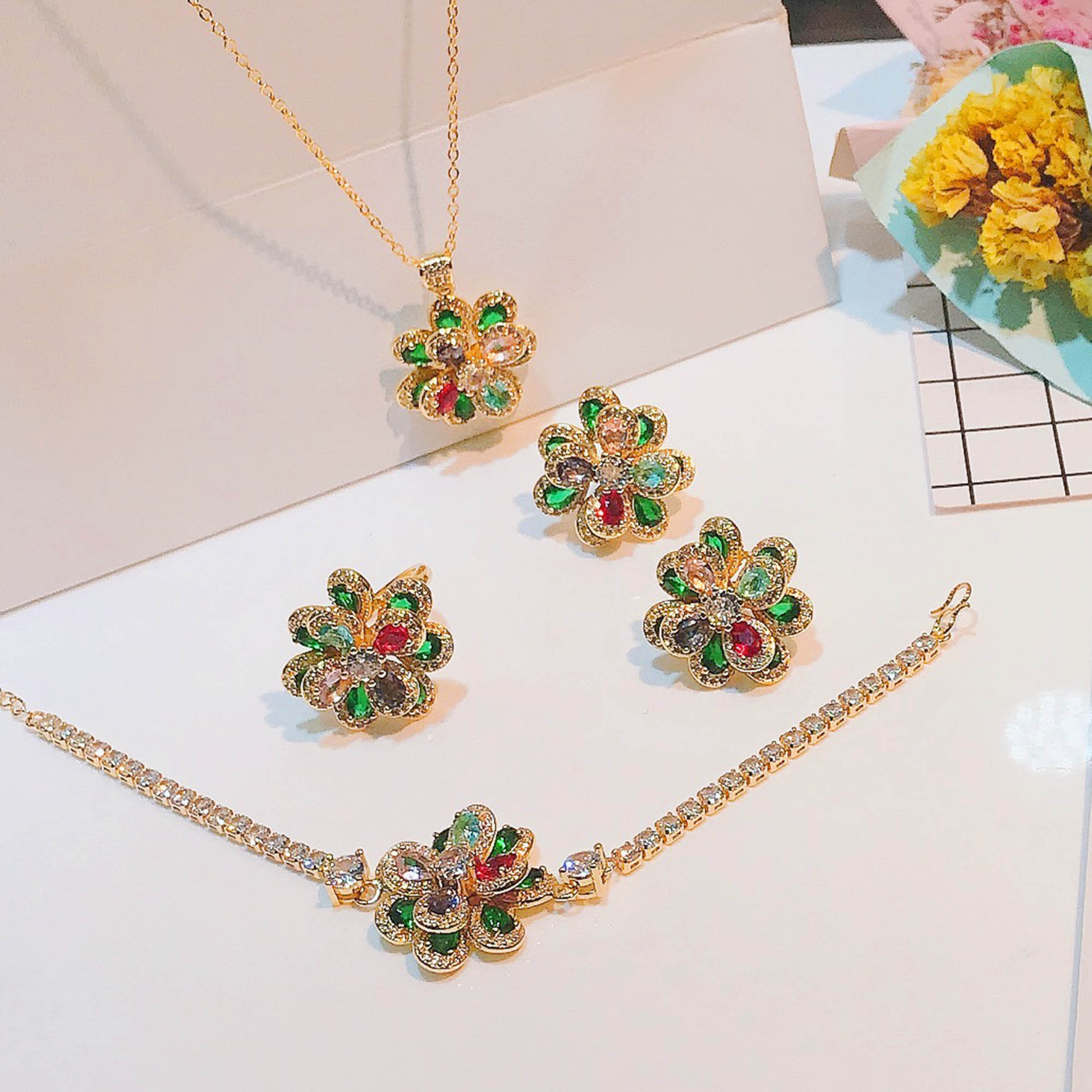 Color Tourmaline Flower Set Three-dimensional Camellia Pendant Open Ring Bracelet Earrings display picture 1