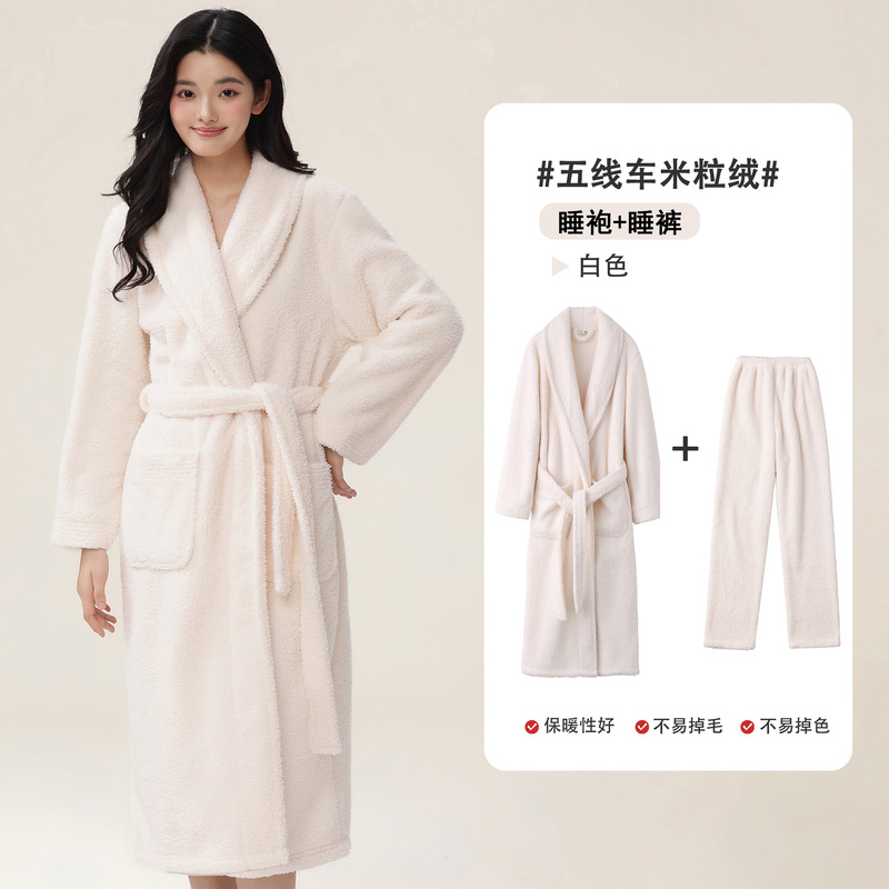 新款秋冬女睡袍半边绒加长加厚保暖睡衣情侣浴袍珊瑚绒家居服套装|undefined