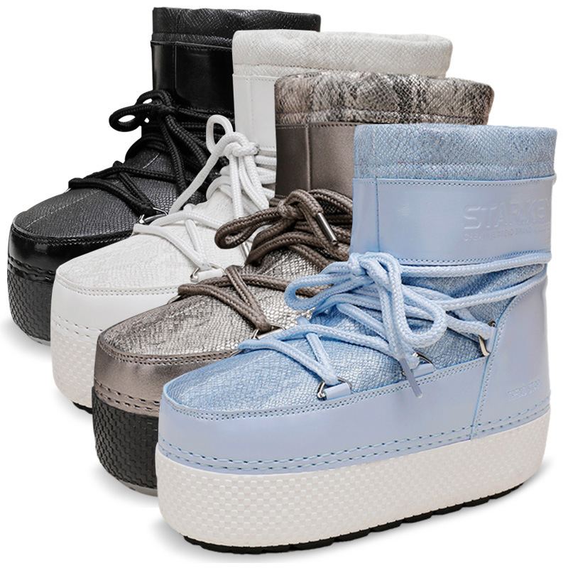 Botas de nieve para padres y niños transfronterizos de esquí de color brillante, botas de luna para mujeres gruesas, botas espaciales impermeables y antideslizantes