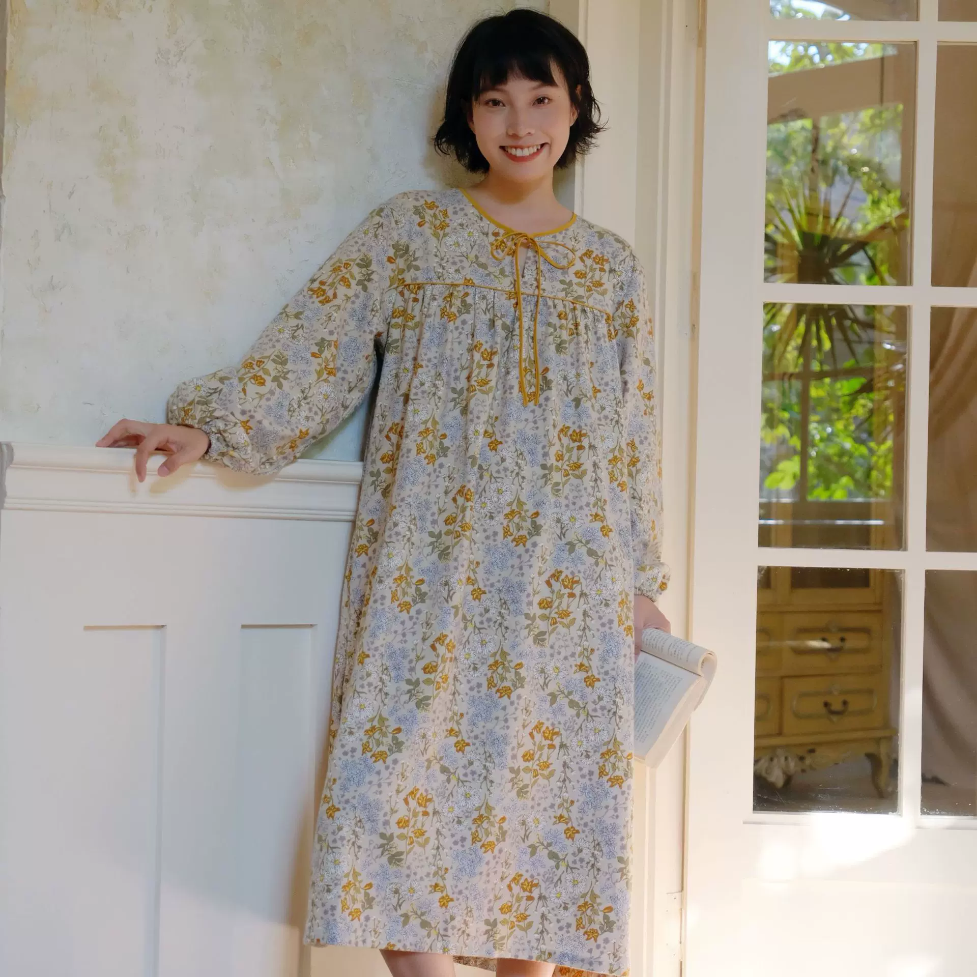 森系少女碎花连衣裙磨毛纯棉长袖睡衣女睡裙春秋连体保暖可外穿