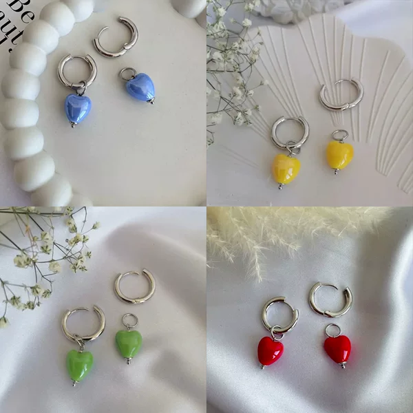 European and American Cross-Border Jewelry, Retro Geometric Hoop Double Hoop Earrings, Sweet Multi-Color Ceramic Heart Pendant Earrings for Women