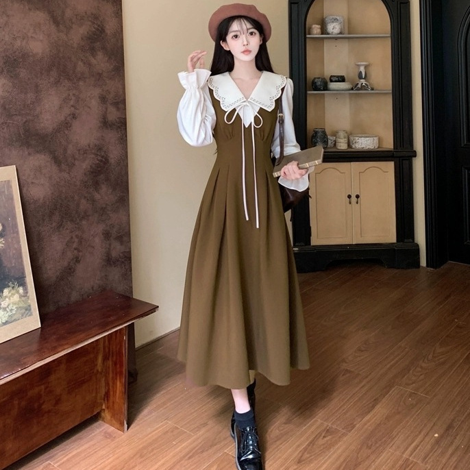 Early autumn plus-size French-style elegant color-blocked faux two-piece doll collar dress for women, waist-cinching A-line long dress, cross-border Early autumn plus-size French-style elegant color-blocked faux two-piece doll collar dress for women, waist-cinching A-line long dress, cross-border
