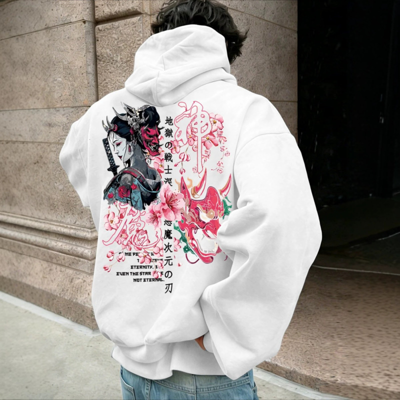 Japanese-style Hannya Samurai Sakura Japanese Print Hooded Sweatshirt for Men, Black Loose Fit Trendy Brand Hoodie