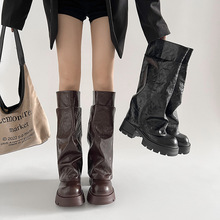 棕色复古英伦粗跟厚底长筒靴女2024新款秋季显瘦增高裤管骑士靴子