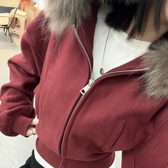 美式复古酒红色毛领卫衣外套女2025秋冬加绒修身显瘦短款连帽上衣