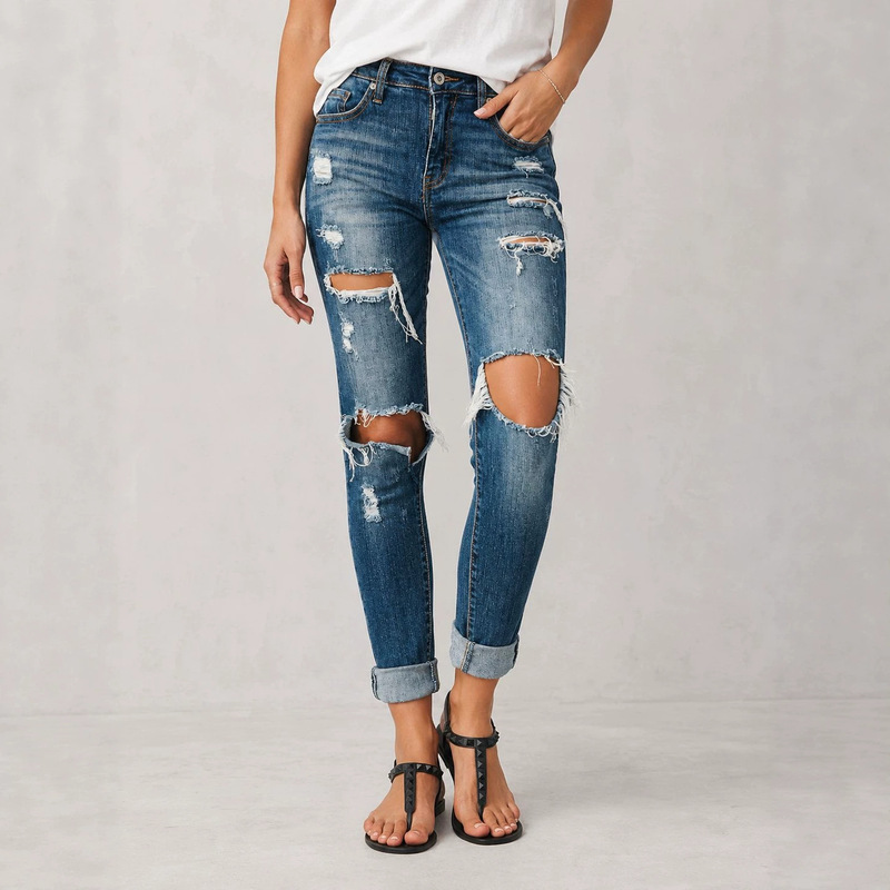 European and American Cross-Border Spring and Summer New Women's Fashion Slim-Fit Ripped Jeans Long Pants for Women European and American Cross-Border Spring and Summer New Women's Fashion Slim-Fit Ripped Jeans Long Pants for Women