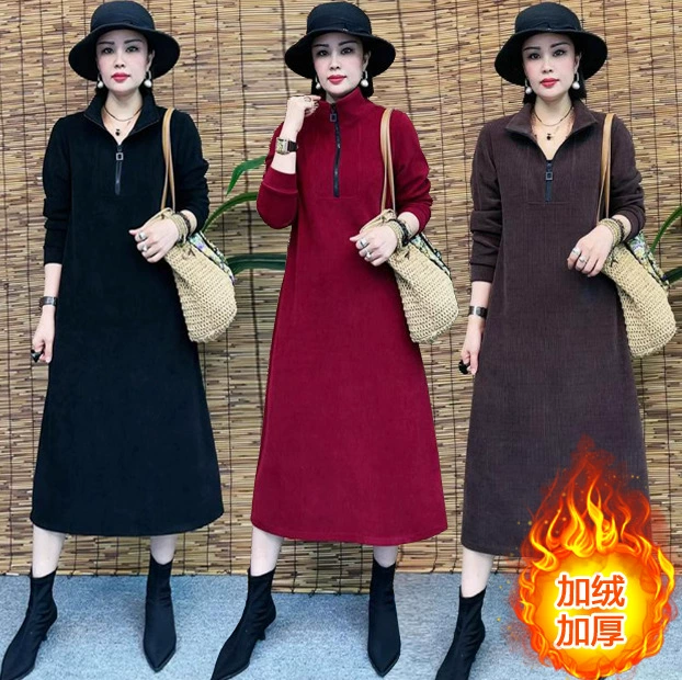 Толстая и бархатная зимняя мода новое платье тонкое темпераментное платье с длинными рукавами осенью и зимой свободная иностранная юбка средней и длинной