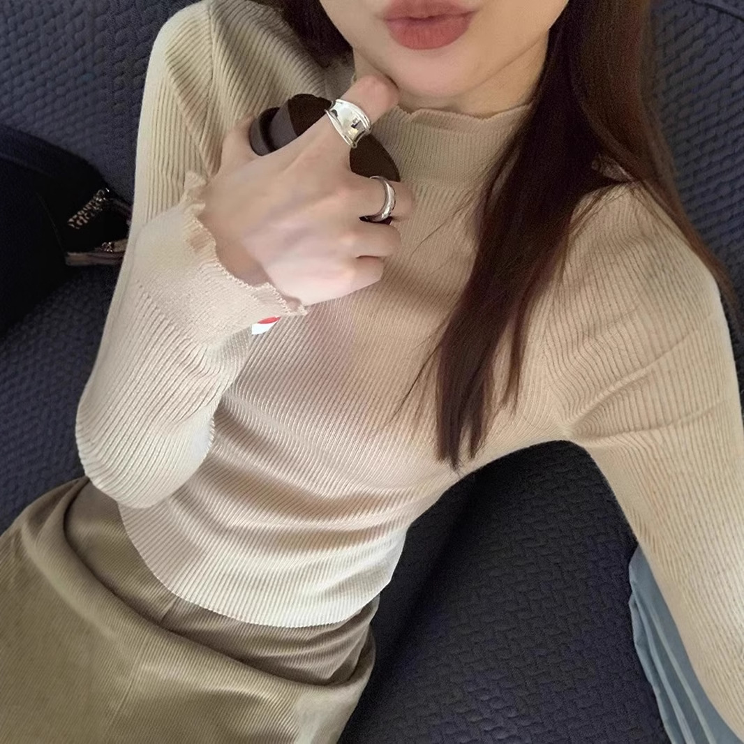 흰색 머플 반 터틀넥 스웨터베이스 셔츠 여성용 가을 및 겨울 프랑스 슬림 핏 내부 긴팔 스웨터 탑