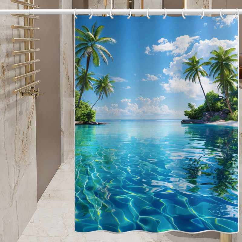 Modern Simple Blue Sea and Blue Sky Shower Curtain Hot-selling Polyester Curtain Shower Room Curtain Punch-free Curtain Door Curtain