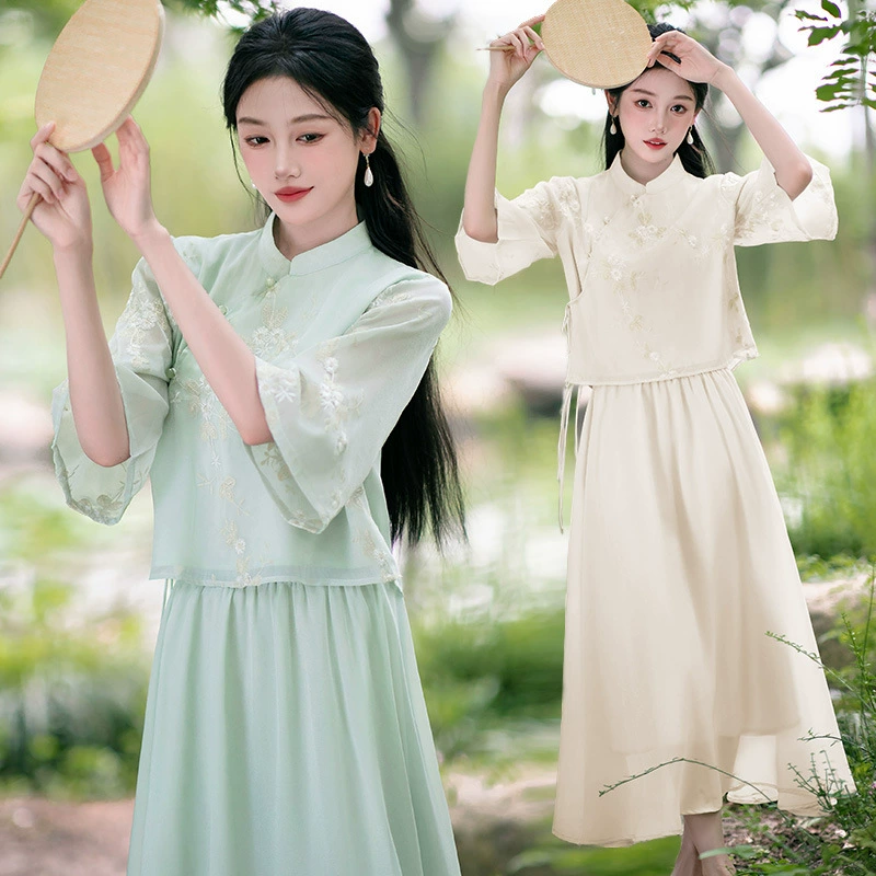 Новый классический костюм Тан в китайском стиле, женский летний новый улучшенный чайный костюм Cheongsam с вышивкой династии Хань, комплект из двух предметов