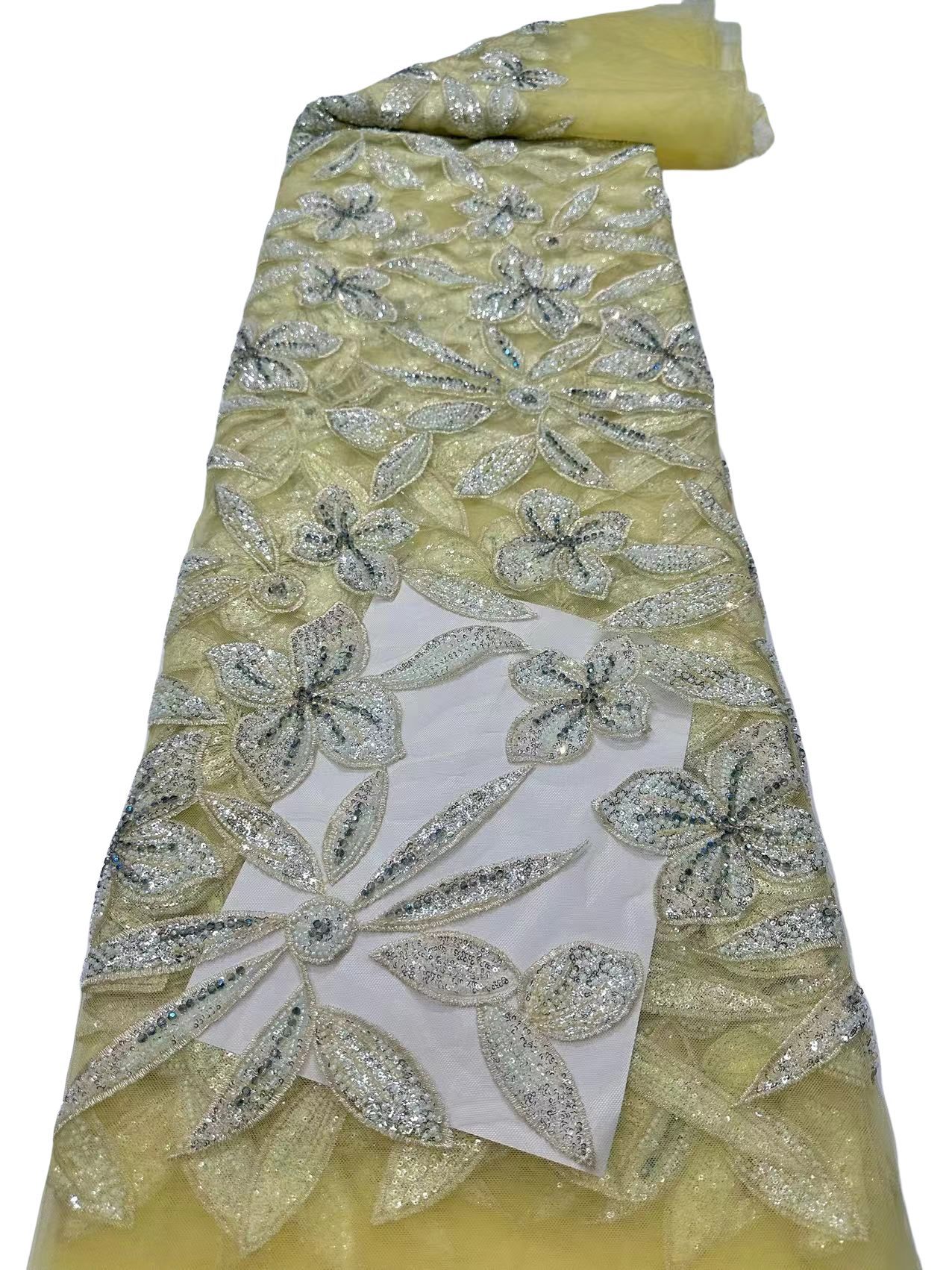 Flores de hojas bordadas de encaje bordado tela de alto lujo vestido de boda vestido de tela en stock