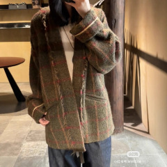 复古红色格纹拼接毛呢大衣冬季西装上衣韩系厚外套西服宽松高级感