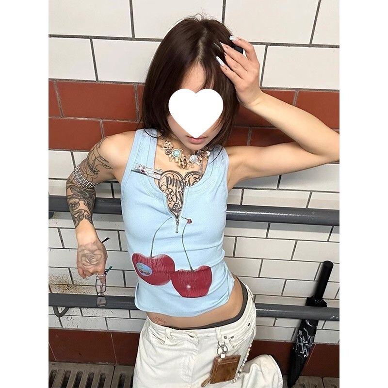 [210g 40 Count Pure Cotton] Printed Sexy Camisole Women's Zipper Cotton Slim Sleeveless Short Style