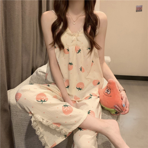 Manufacturer wholesale bubble cloth sweet and cute lace printed pajamas for women to wear outside with chest pads and suspenders home clothes