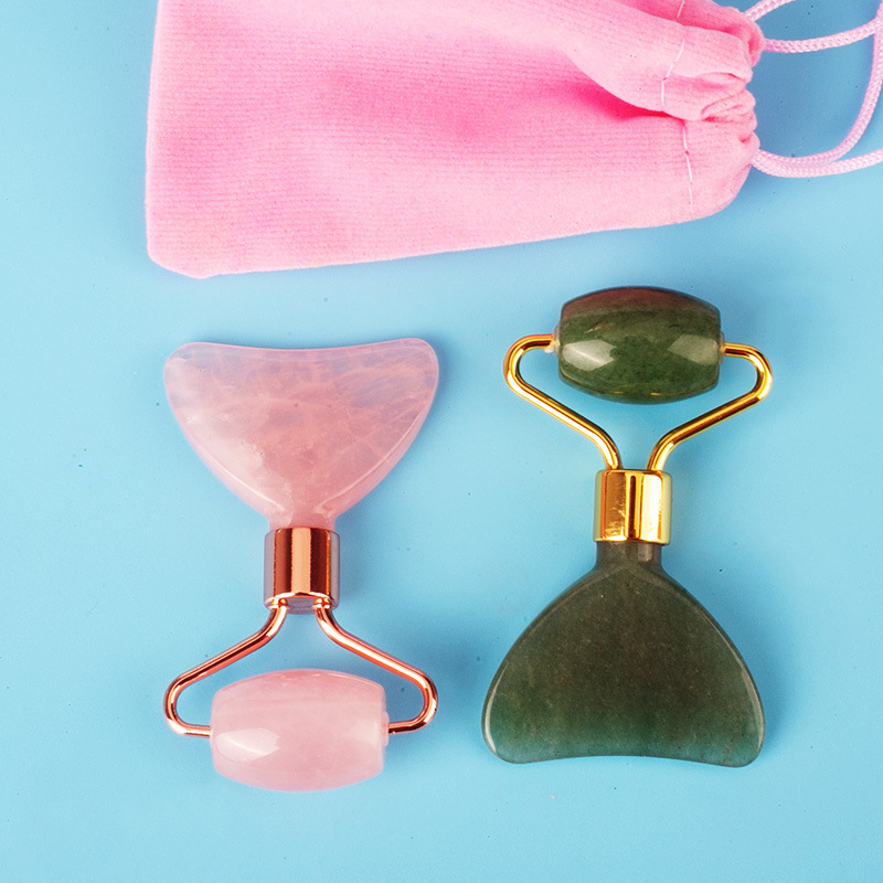 工厂批发玉石滚轮按摩器新款粉水晶眼部迷你按摩刮痧二合一美容器