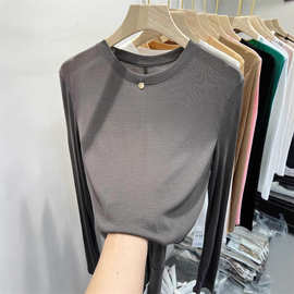 欧货轻薄款纯色百搭长袖T恤女2023春装新款洋气体恤小衫柔软上衣