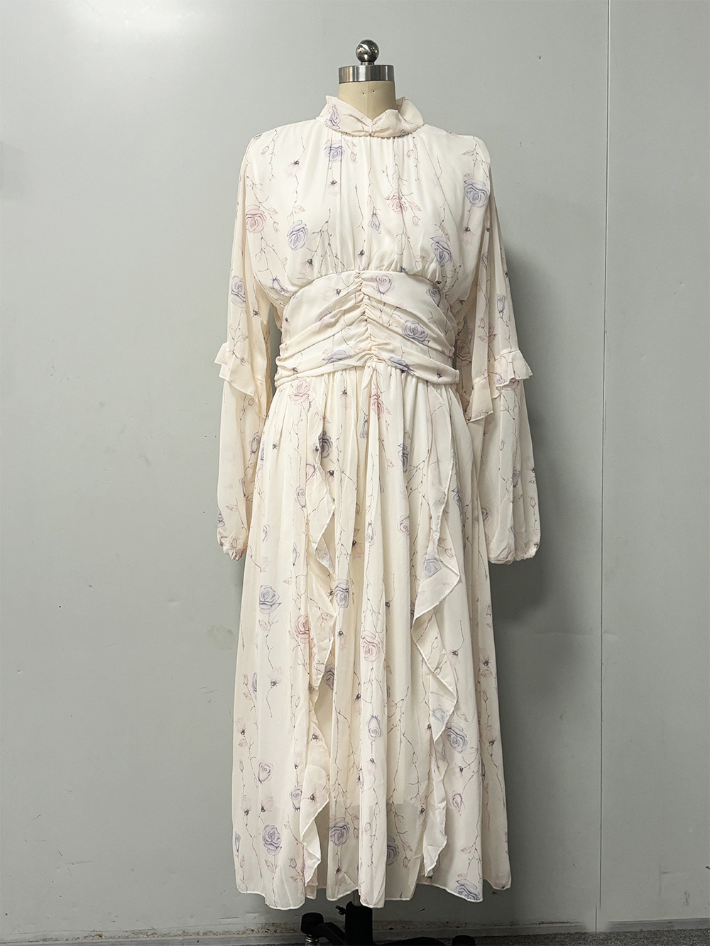 Women's Chiffon Printed Ruffled Long Sleeved Evening Dress Fashion Autumn Winter European American Style Cross Border_ecoleips.com