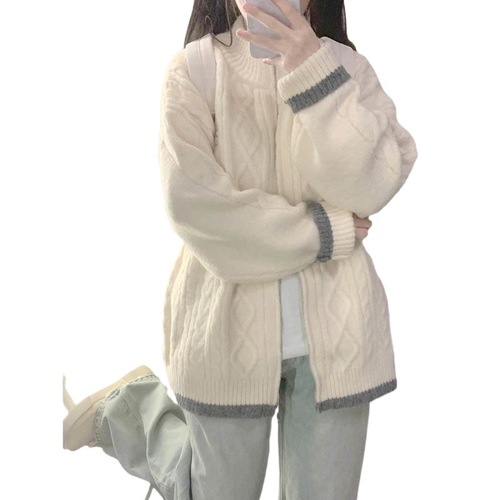 Sweet, soft, and cozy color-blocked zipper cardigan for women, student spring season loose fit versatile outerwear