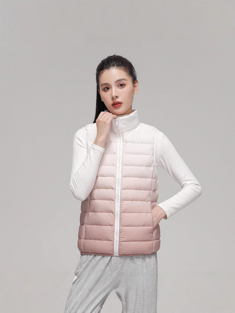 Transfronterizo TikTok otoño y invierno 90 vello chaleco de pluma ligero chaleco de mujer ropa de mujer ligera y delgada chaqueta de hombro de color gradiente