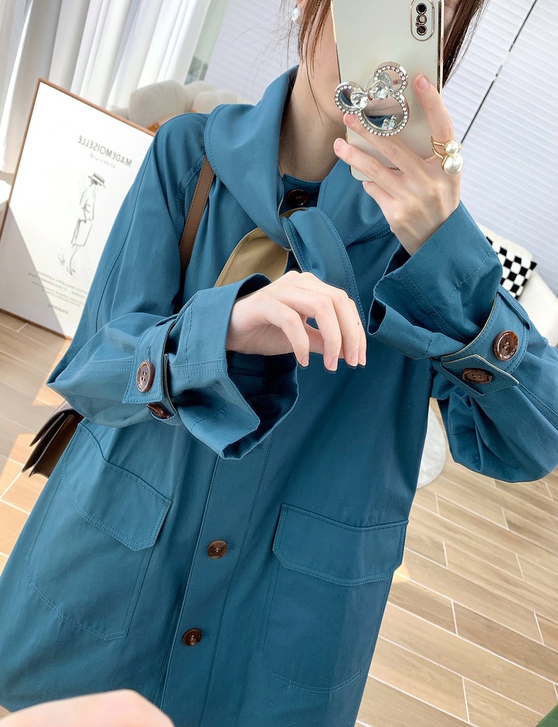 Khaki Hit color Mosaic Bowtie design leisure time long wind jacket coat