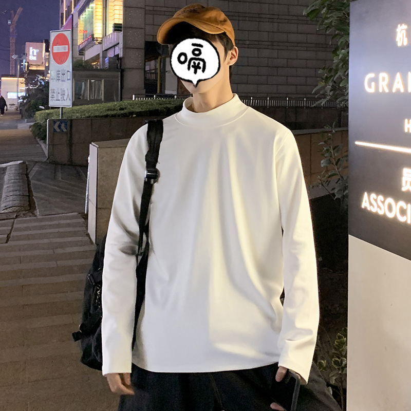 솔리드 컬러 긴팔 티셔츠 남성용 트렌디 브랜드 홍콩 스타일 캐주얼 스웨터 트렌디 루즈 패션 올 매치 하프 하이 칼라 베이스 셔츠