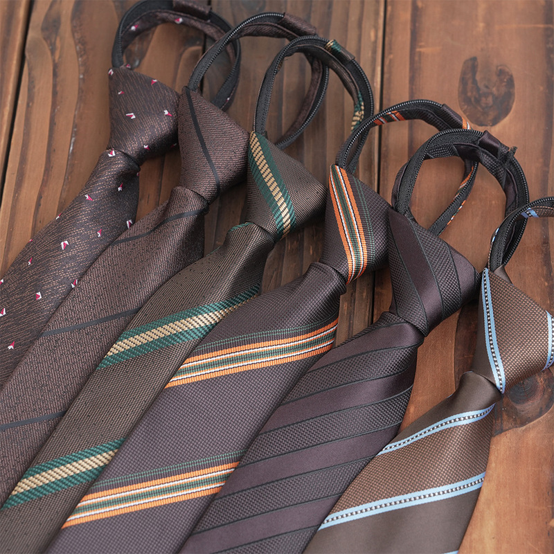 8cm Wide Brown khaki Striped Zipper Tie Knot-Free Lazy Retro Style Casual Shirt Accessories