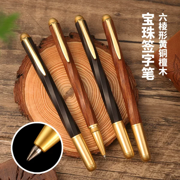Factory wholesale creative six-sided rhombus vintage sandalwood brass ballpoint pen student posture holding pen practice lettering