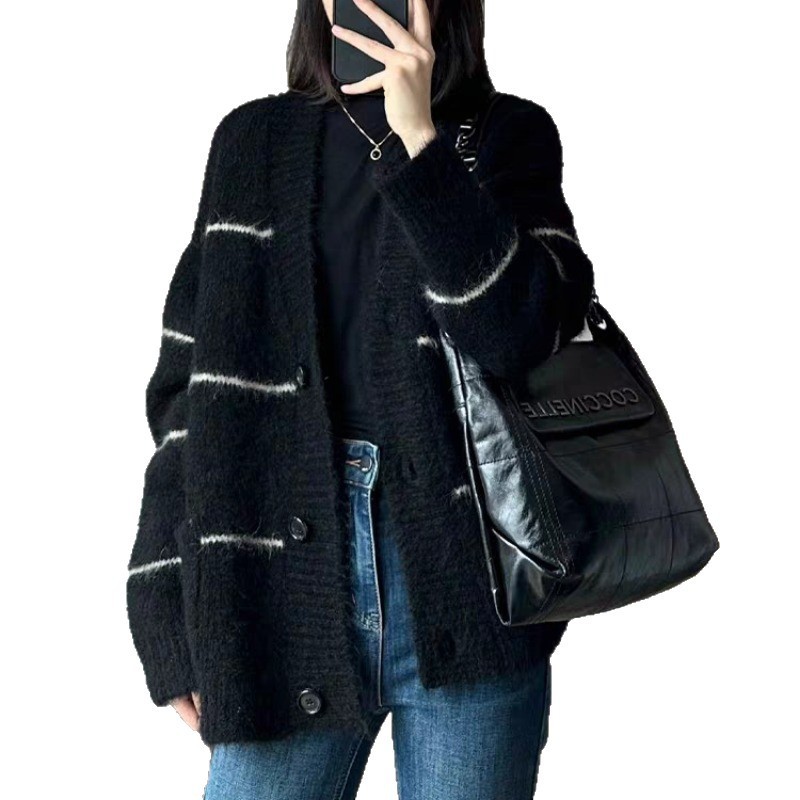 条纹黑色毛衣外套女2025秋冬新款宽松慵懒中长款加厚针织开衫上衣|undefined