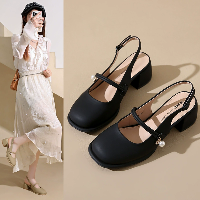 Женские босоножки на массивном каблуке с открытым носком и закрытой пяткой в ​​французском стиле, новые летние универсальные женские туфли на высоком каблуке с квадратным носком и неглубоким каблуком 2025 года.