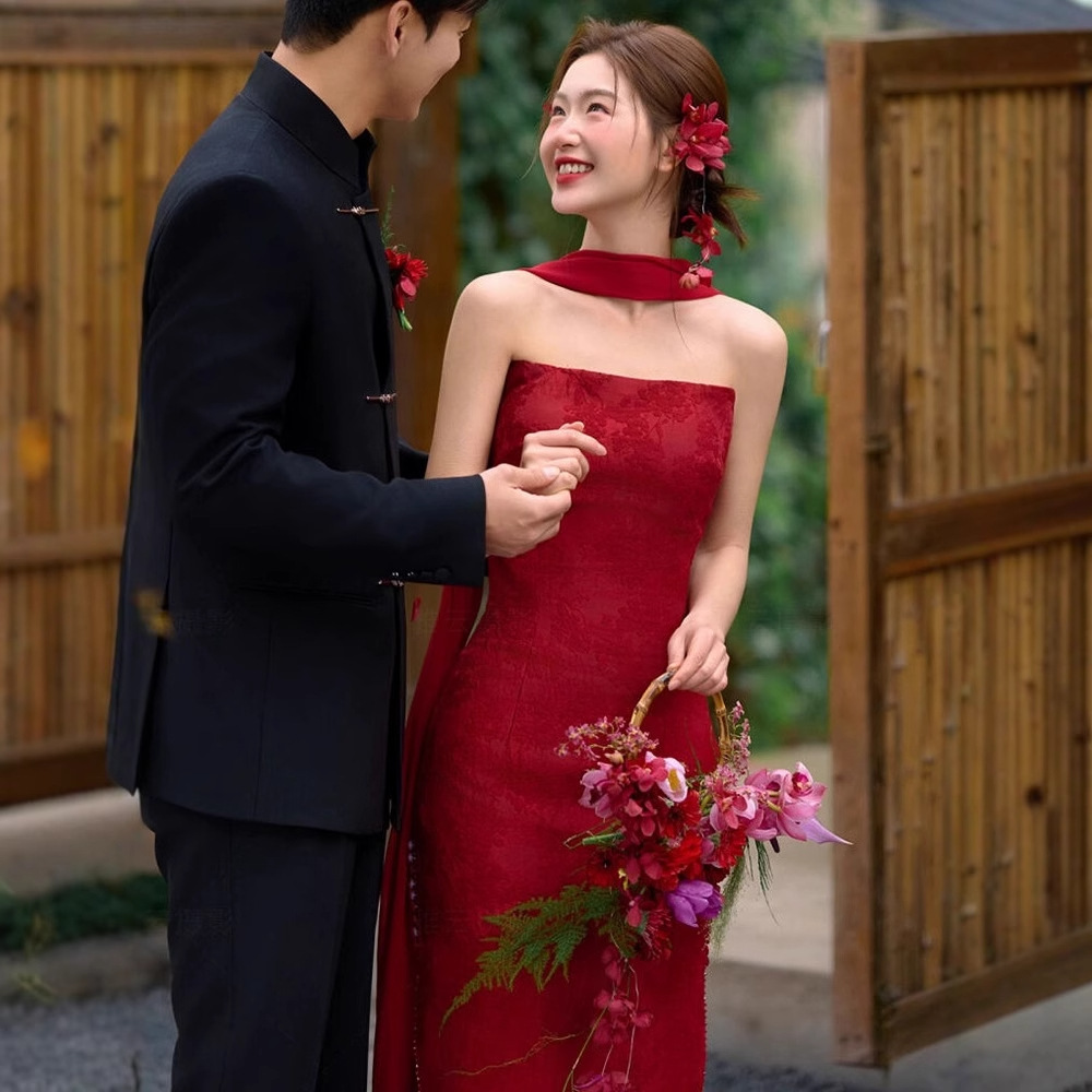 Burgundy Strapless Gown Bridal Wedding Morning Robe Niche High-End Toast Dress Slim-Fit Elegant Long Dress for Women