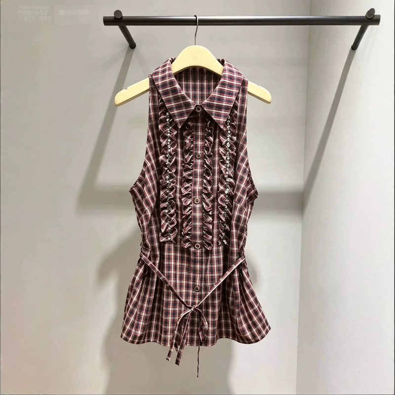 In Stock 2026 Summer New Retro Plaid Sleeveless Shirt for Women with Doll Collar, Waist-Cinching Tie, and Elegant Commuter Top