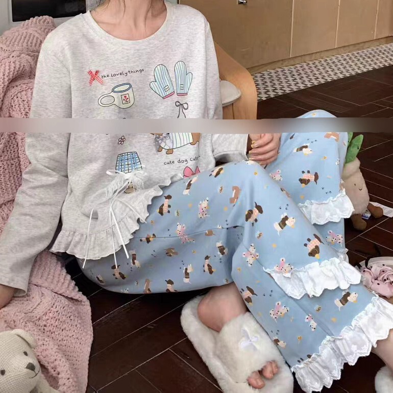 2025 Autumn New Cute Cartoon Print Long Sleeve Long Pants Pajama Set Lace Loungewear Can Be Worn Outside 2025 Autumn New Cute Cartoon Print Long Sleeve Long Pants Pajama Set Lace Loungewear Can Be Worn Outside