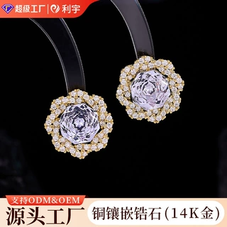 新款轻奢锆石冰花切山茶花耳钉高级感花朵耳环s925银针耳饰批发